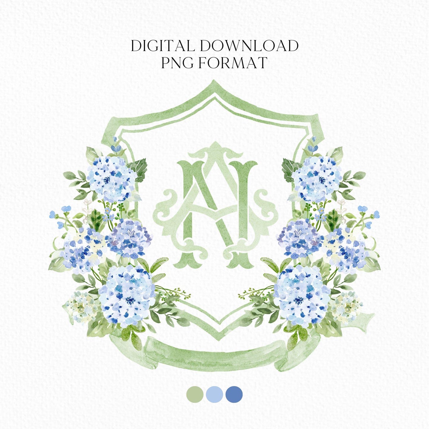 Hydrangea Blue Wedding Crest - Monogram Crest - Hydrangea Floral Luxury Watercolor Wedding Crest - Romantic Wedding Crest