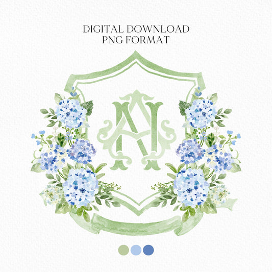 Hydrangea Blue Wedding Crest - Monogram Crest - Hydrangea Floral Luxury Watercolor Wedding Crest - Romantic Wedding Crest