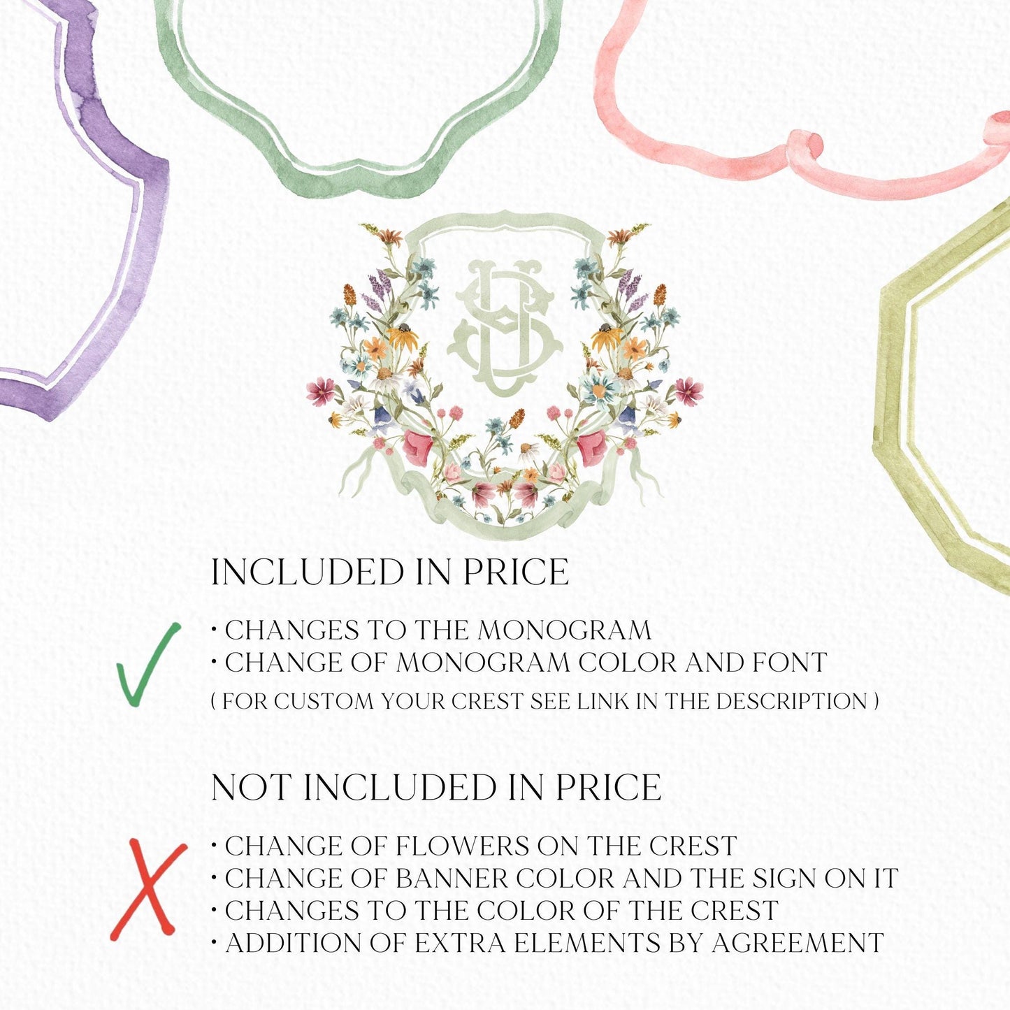 Wildflower Flower Wedding Crest - Monogram Crest - Wildflower Floral Luxury Watercolor Wedding Crest - Romantic Wedding Crest
