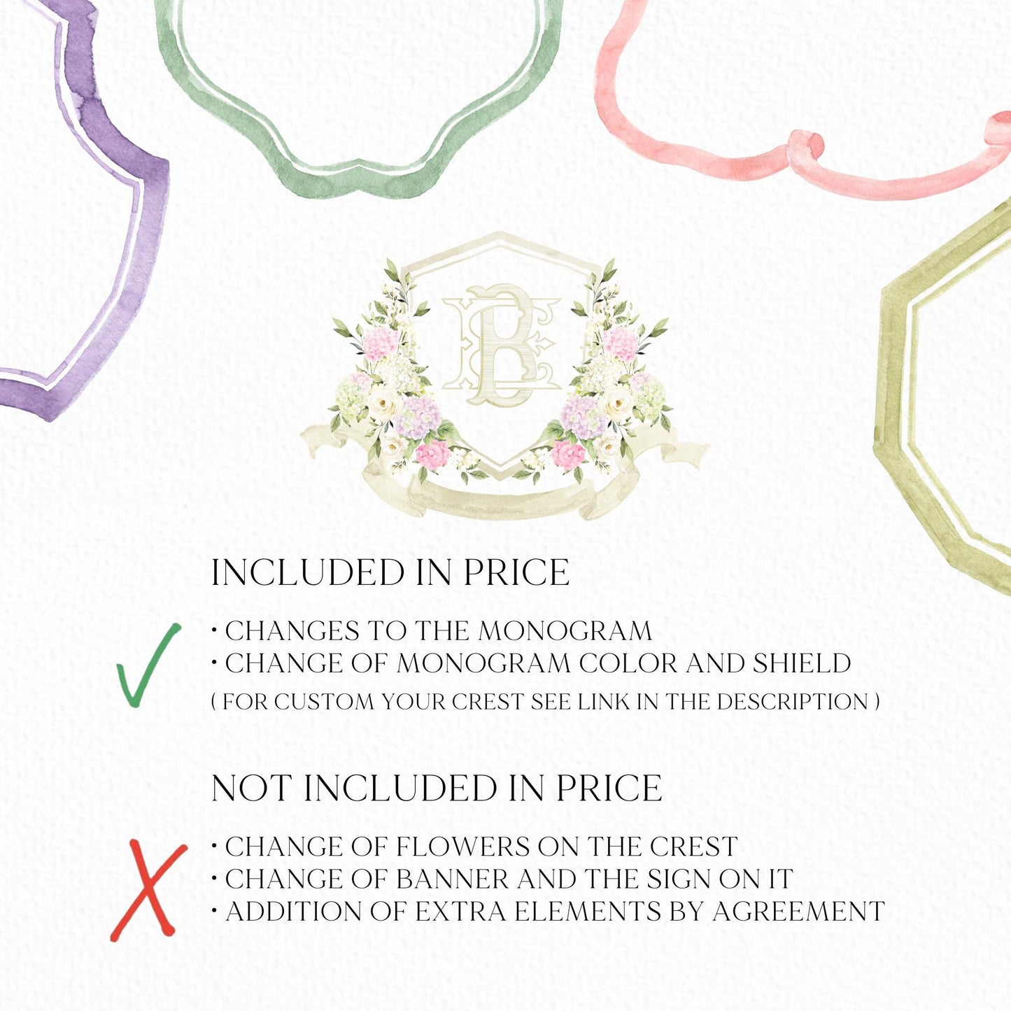 Blue White Pink Hydrangea Flower Wedding Crest - Monogram Crest - Pastel Color Hydrangea Floral Luxury Watercolor Wedding Crest