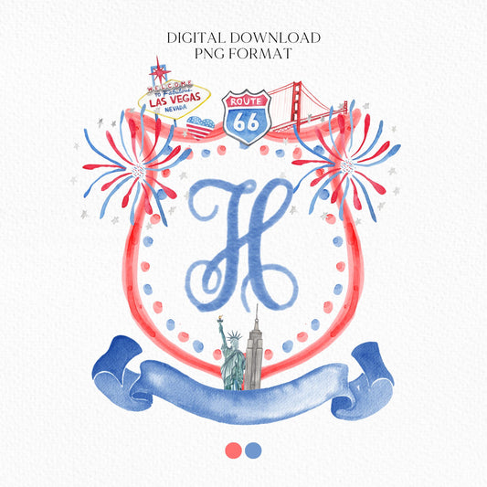 Patriotic 4th July Independence Day Wedding Watercolor Crest - Monogram Crest - Crest USA Watercolor Wedding Crest - Romantic Wedding Crest