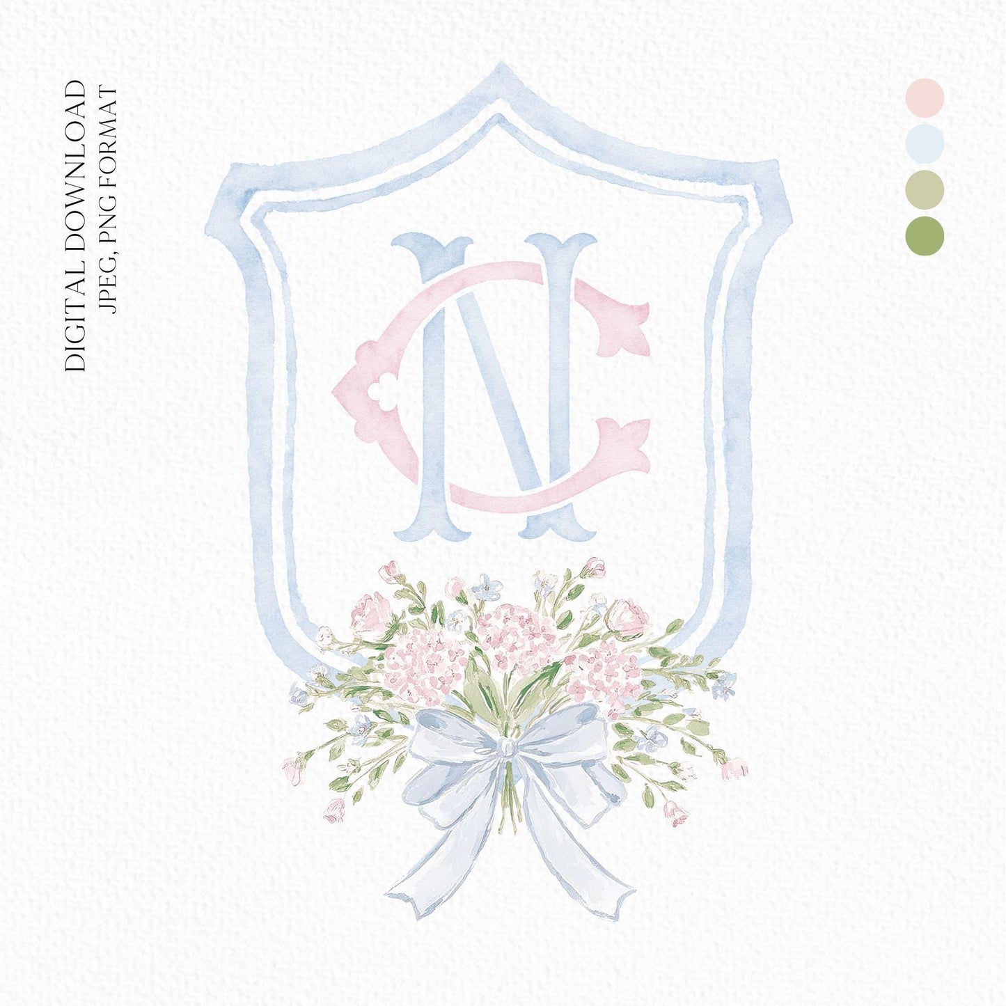 Hydrangea Pink Green Floral Wedding Crest - Monogram Crest - Green Baby's Breath Hydrangea Floral Luxury Watercolor Wedding Crest