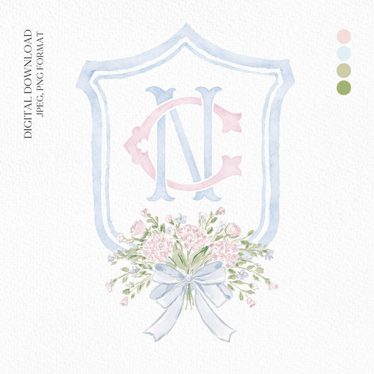 Hydrangea Pink Green Floral Wedding Crest - Monogram Crest - Green Baby's Breath Hydrangea Floral Luxury Watercolor Wedding Crest