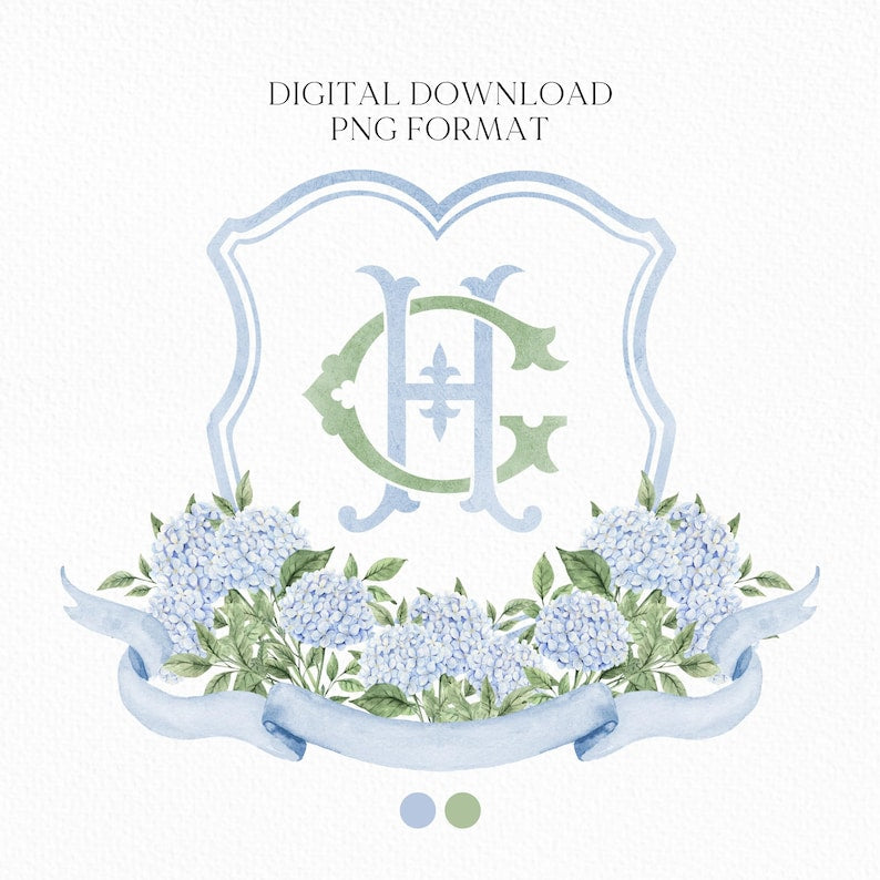 Blue Hydrangea Flower Wedding Crest - Monogram Crest
