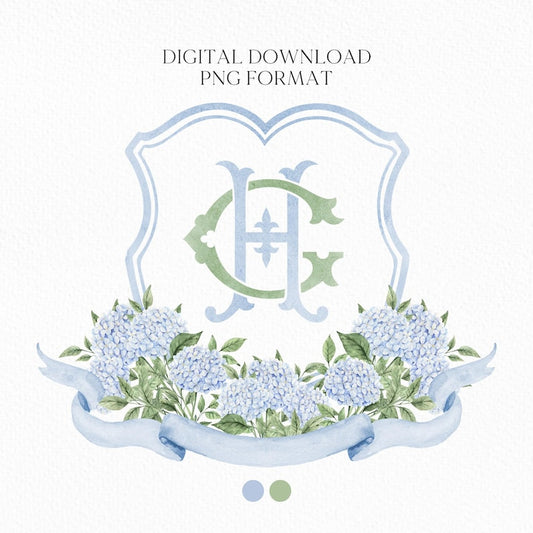 Blue Hydrangea Flower Wedding Crest - Monogram Crest