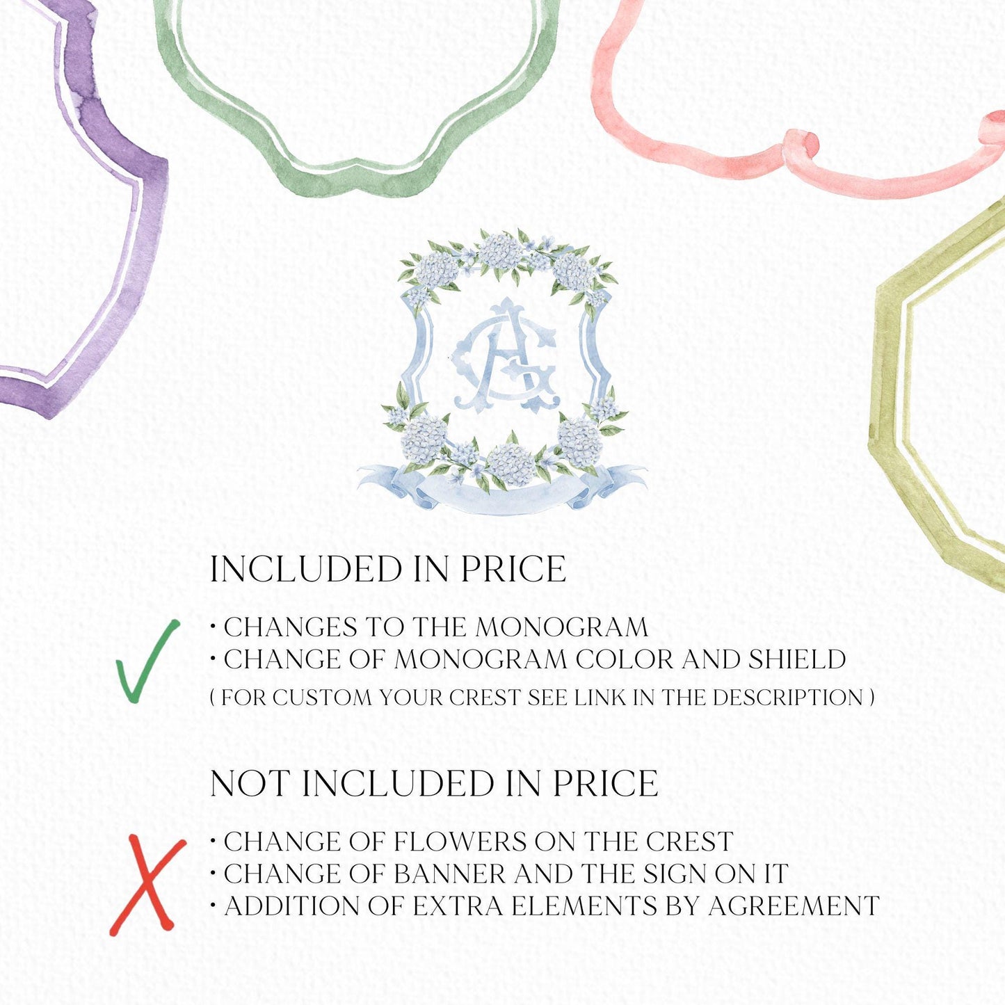 White Blue Hydrangea Flower Wedding Crest - Monogram Crest - Hydrangea Floral Luxury Watercolor Wedding Crest - Romantic Wedding Crest