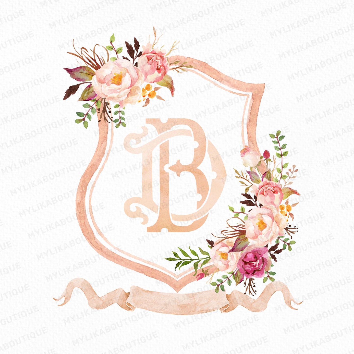 Boho Pink Floral Wedding Crest - Monogram Crest - Pink Floral Luxury Watercolor Wedding Crest - Romantic Wedding Crest - Boho Roses