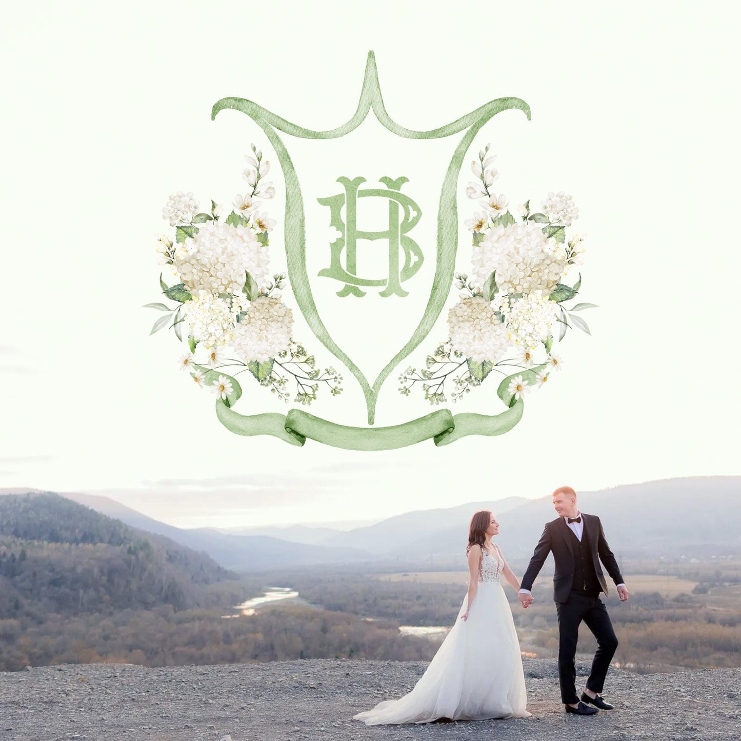 White Hydrangea Flower Wedding Crest - Monogram Crest - Hydrangea Floral Watercolor Wedding Crest - Romantic Wedding Crest - Boho Hydrangea