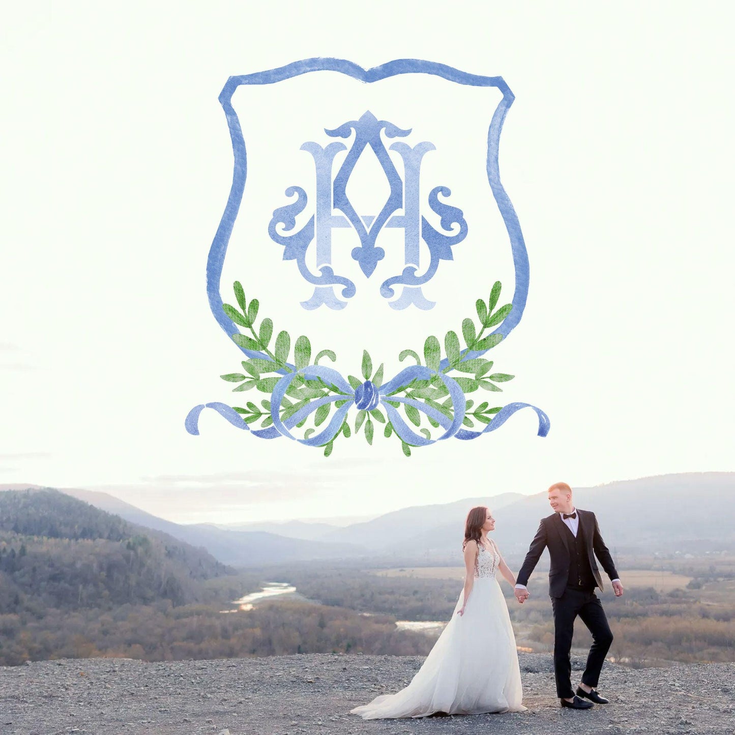 Watercolor Classic Eucalyptus Ribbon Flower Wedding Crest - Monogram Crest -  Luxury Watercolor Wedding Crest - Romantic Wedding Crest