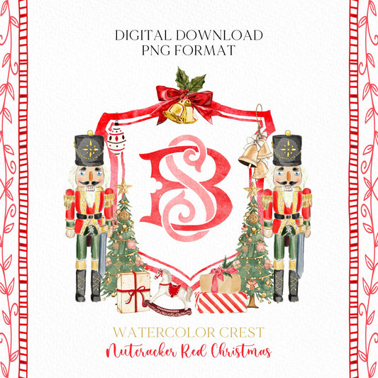 Nutcracker Christmas Crest - Monogram Crest - Christmas Watercolor Crest DIY - Luxury Watercolor Wedding Crest - Nutcracker Red Christmas