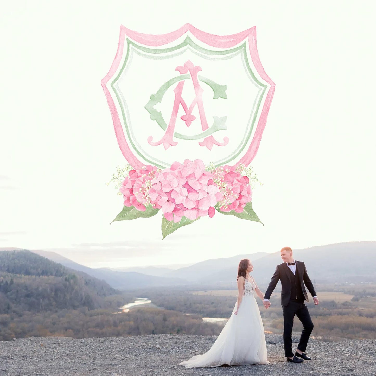 Hydrangea Pink Green Floral Wedding Crest - Monogram Crest - Green Baby's Breath Hydrangea Floral Luxury Watercolor Wedding Crest