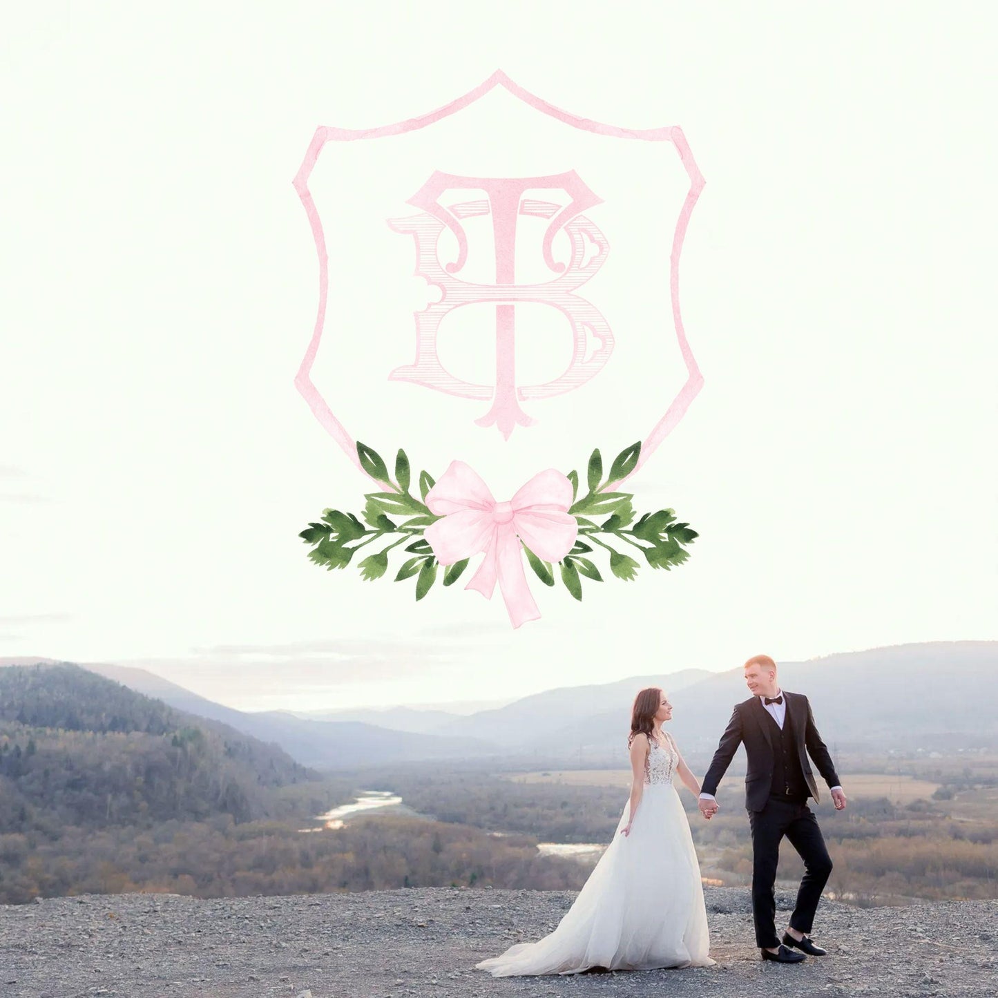 Watercolor Pink Classic Eucalyptus Ribbon Flower Wedding Crest - Monogram Crest -  Luxury Watercolor Wedding Crest - Romantic Wedding Crest