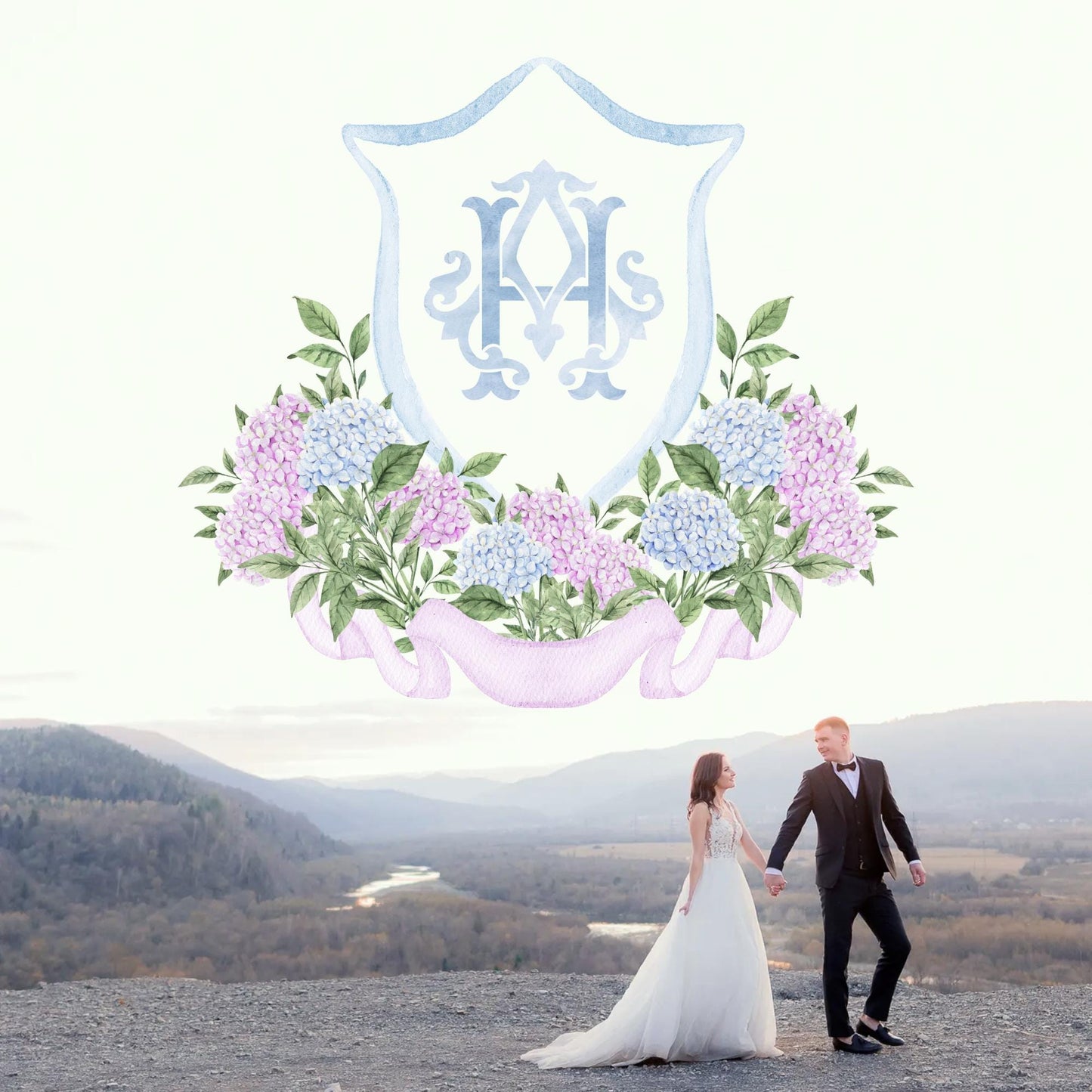 Hydrangea Light Blue Flower Wedding Crest - Monogram Crest - Purple Hydrangea White Floral Watercolor Wedding Crest Romantic Wedding Crest