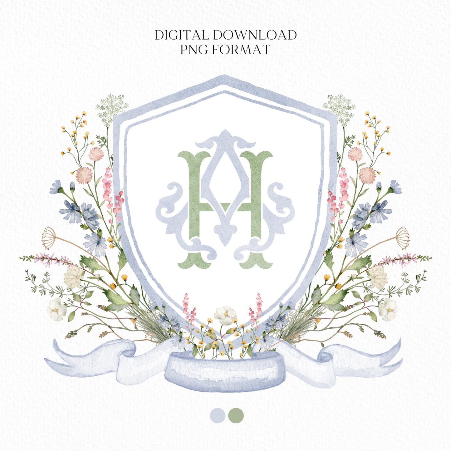 Blue WildFlower Wedding Crest - Monogram Crest - WildFlower Floral Luxury Watercolor Wedding Crest - Romantic Wedding Crest, Boho WildFlower