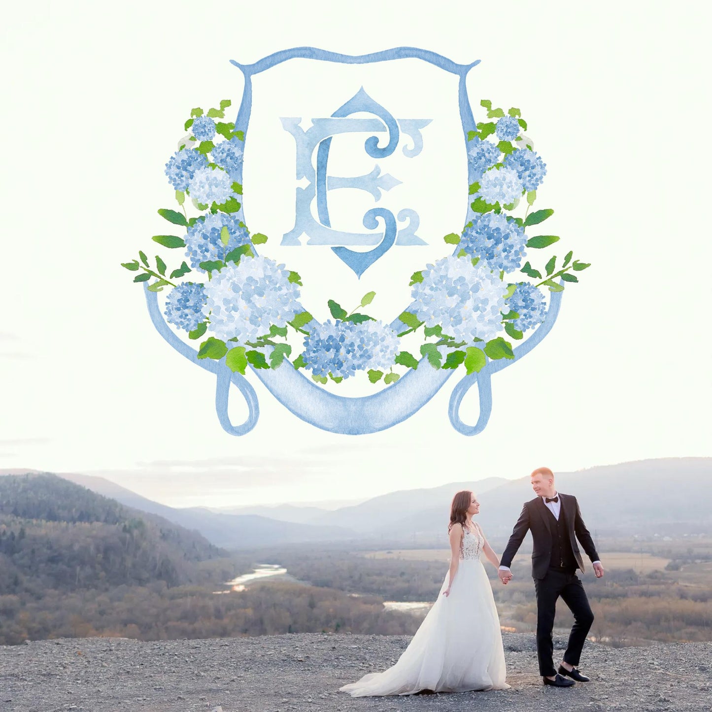 Hydrangea Flower Wedding Crest - Monogram Crest - Hydrangea Floral Luxury Watercolor Wedding Crest - Romantic Wedding Crest- Boho Hydrangea
