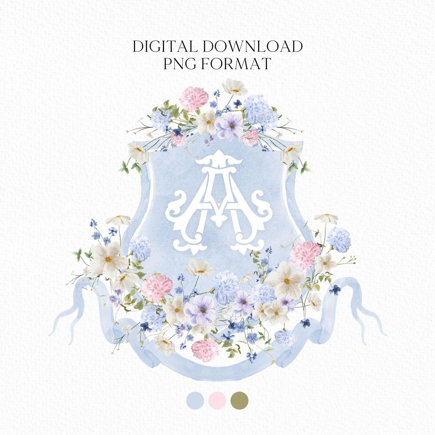 Wildflowers Bright Floral Colorful Watercolor Wedding Crest - Monogram Crest - Wildflowers Olivia Garden Flower Watercolor Wedding Crest