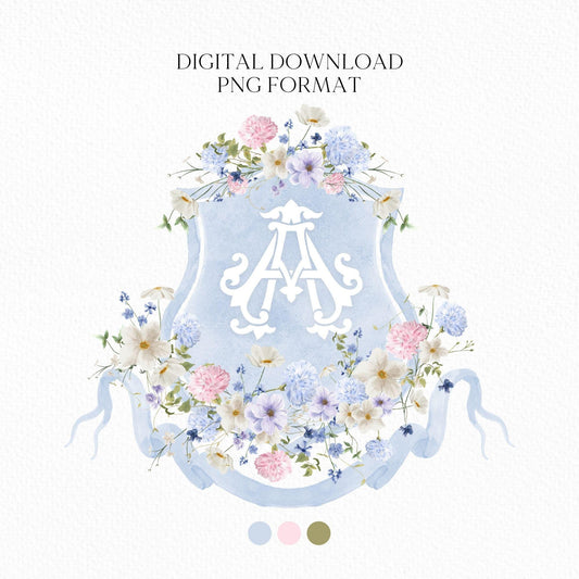 Wildflowers Bright Floral Colorful Watercolor Wedding Crest - Monogram Crest - Wildflowers Olivia Garden Flower Watercolor Wedding Crest