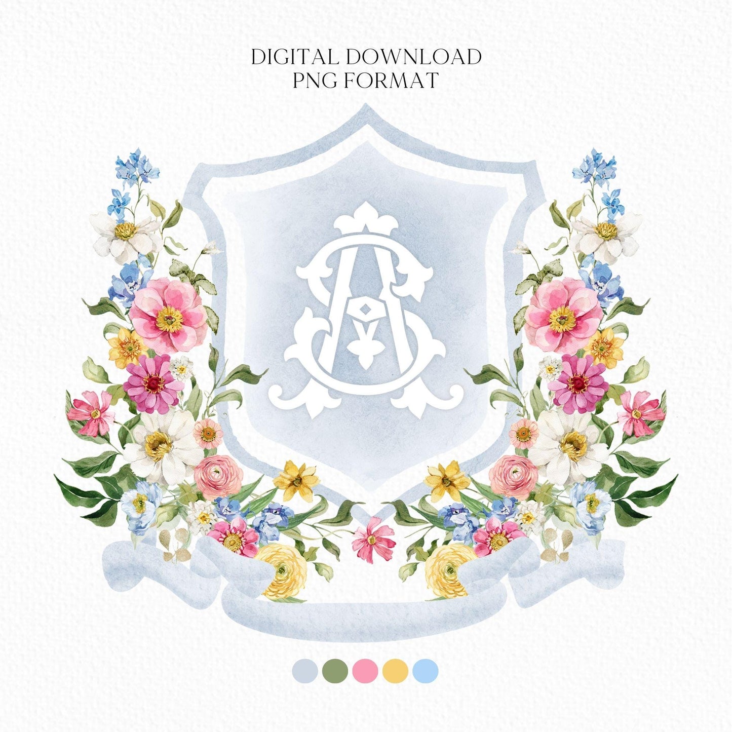 Wildflowers Bright Floral Colorful Watercolor Wedding Crest - Monogram Crest - Fantasy Garden Watercolor Wedding Crest - Pastel Bright Crest