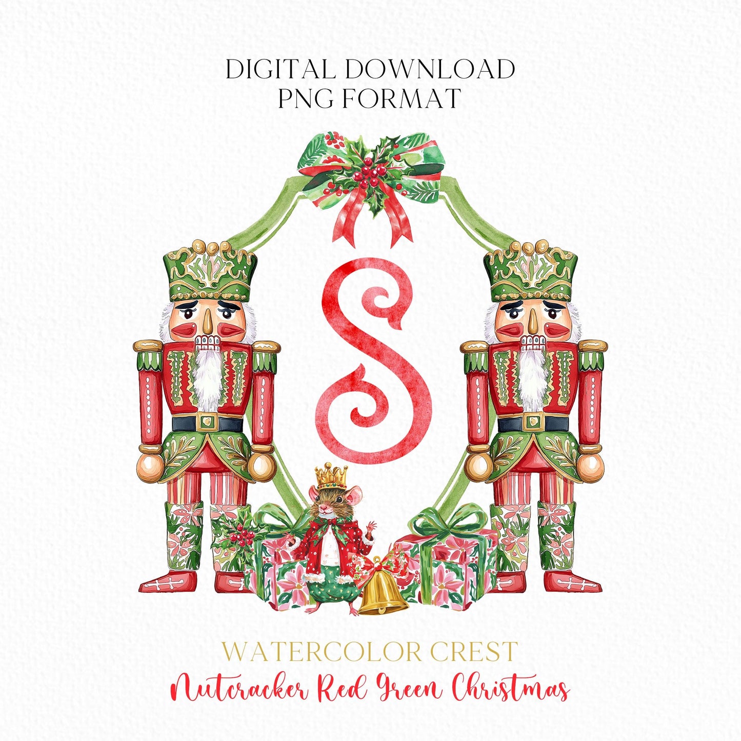 Nutcracker Red Green Christmas Crest - Monogram Crest - Christmas Watercolor Crest DIY - Luxury Watercolor Wedding Crest