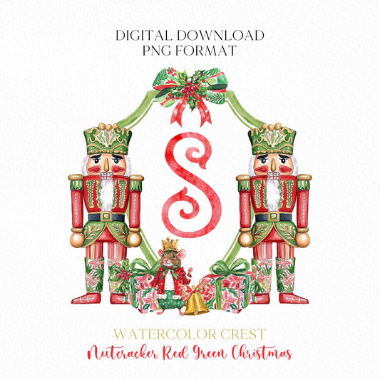 Nutcracker Red Green Christmas Crest - Monogram Crest - Christmas Watercolor Crest DIY - Luxury Watercolor Wedding Crest