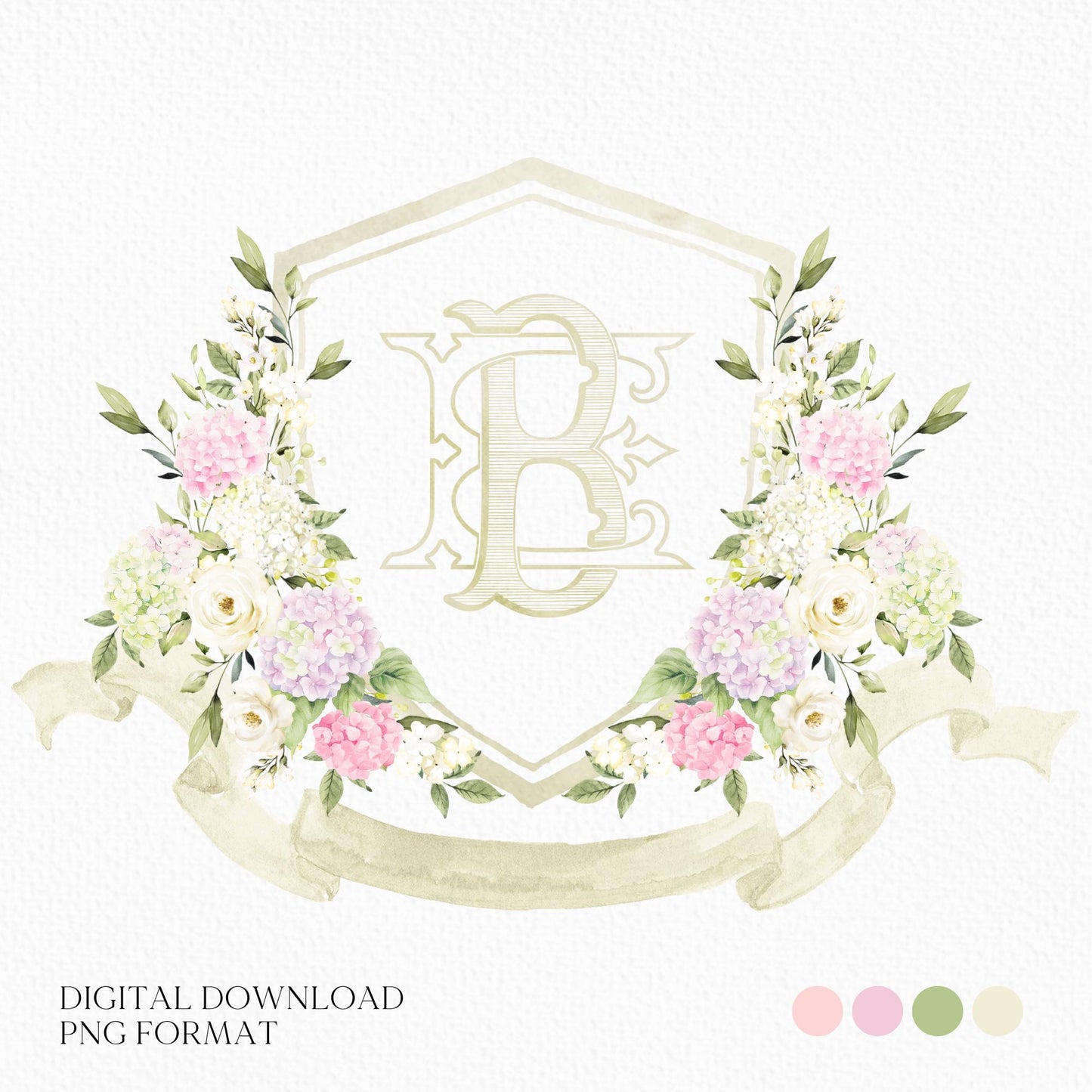 Blue White Pink Hydrangea Flower Wedding Crest - Monogram Crest - Pastel Color Hydrangea Floral Luxury Watercolor Wedding Crest