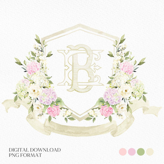 Blue White Pink Hydrangea Flower Wedding Crest - Monogram Crest - Pastel Color Hydrangea Floral Luxury Watercolor Wedding Crest