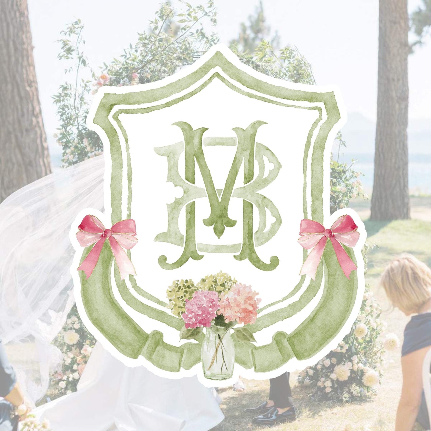 Hydrangea Green Pink Wedding Crest - Monogram Crest - Pink Hydrangea Green Floral Luxury Watercolor Wedding Crest - Romantic Wedding Crest