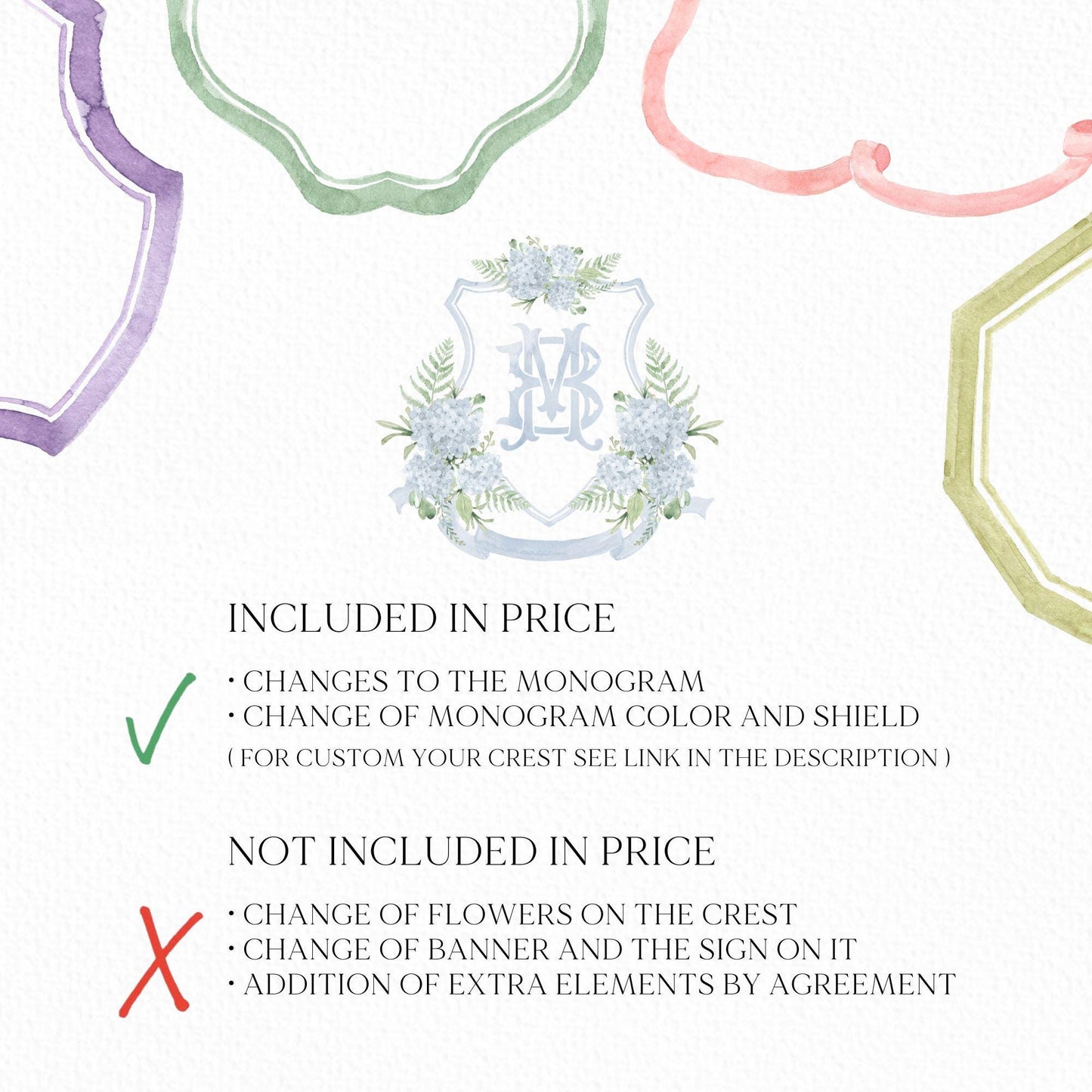 Blue Dusty Hydrangea Flower Wedding Crest - Monogram Crest - Hydrangea Floral Luxury Watercolor Wedding Crest - Romantic Wedding Crest
