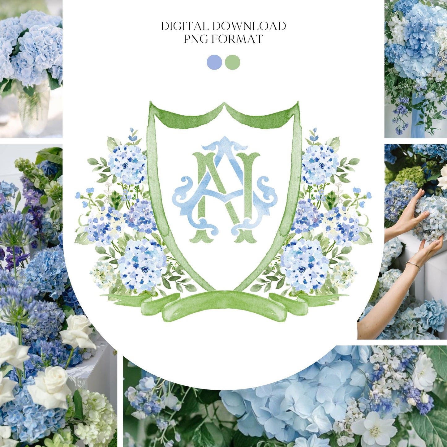 Hydrangea Flower Wedding Crest - Monogram Crest - Hydrangea Floral Luxury Watercolor Wedding Crest - Romantic Wedding Crest- Boho Hydrangea