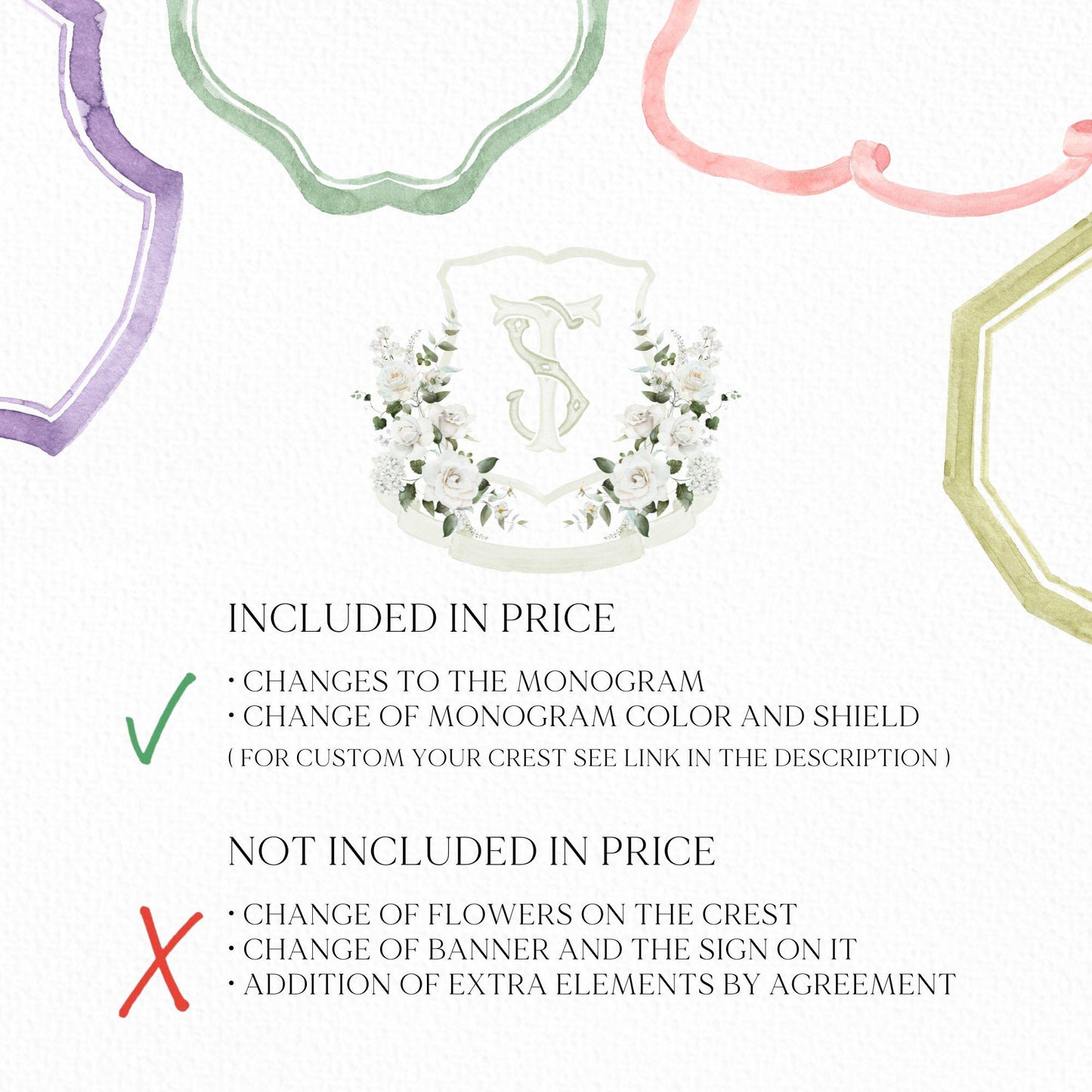 White Rose Greenery White Flower Wedding Crest - Monogram Crest - White Floral Watercolor Wedding Crest - Romantic Wedding Crest