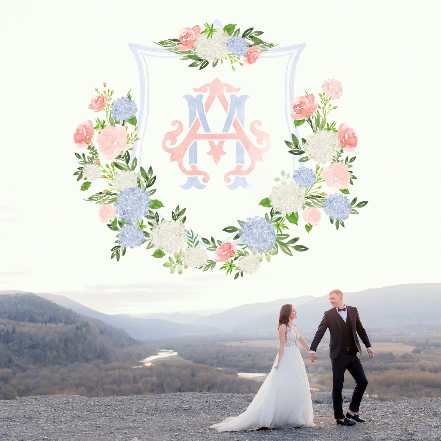 Blue Hydrangea Blush Peony Flower Wedding Crest - Monogram Crest - Floral Luxury Watercolor Wedding Crest - Romantic Wedding Crest