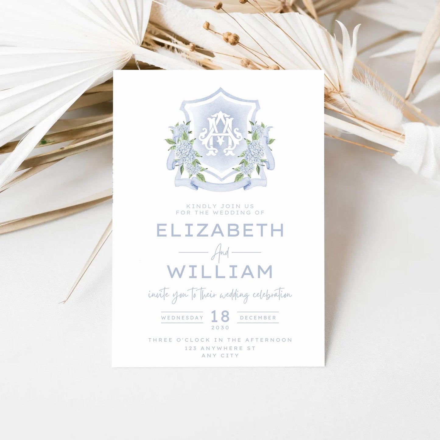 Dusty Blue Hydrangea Flower Wedding Crest - Monogram Crest - Hydrangea Floral Watercolor Wedding Crest - Romantic Wedding Crest - Hydrangea