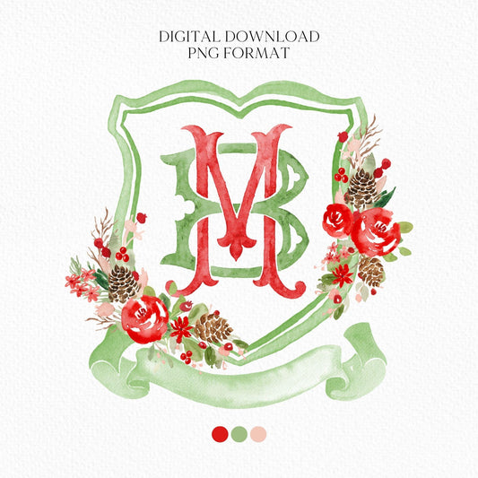 Custom Monogram Christmas Wedding Crest - Rose Hips Floral Watercolor - Winter Christmas Watercolors Crests