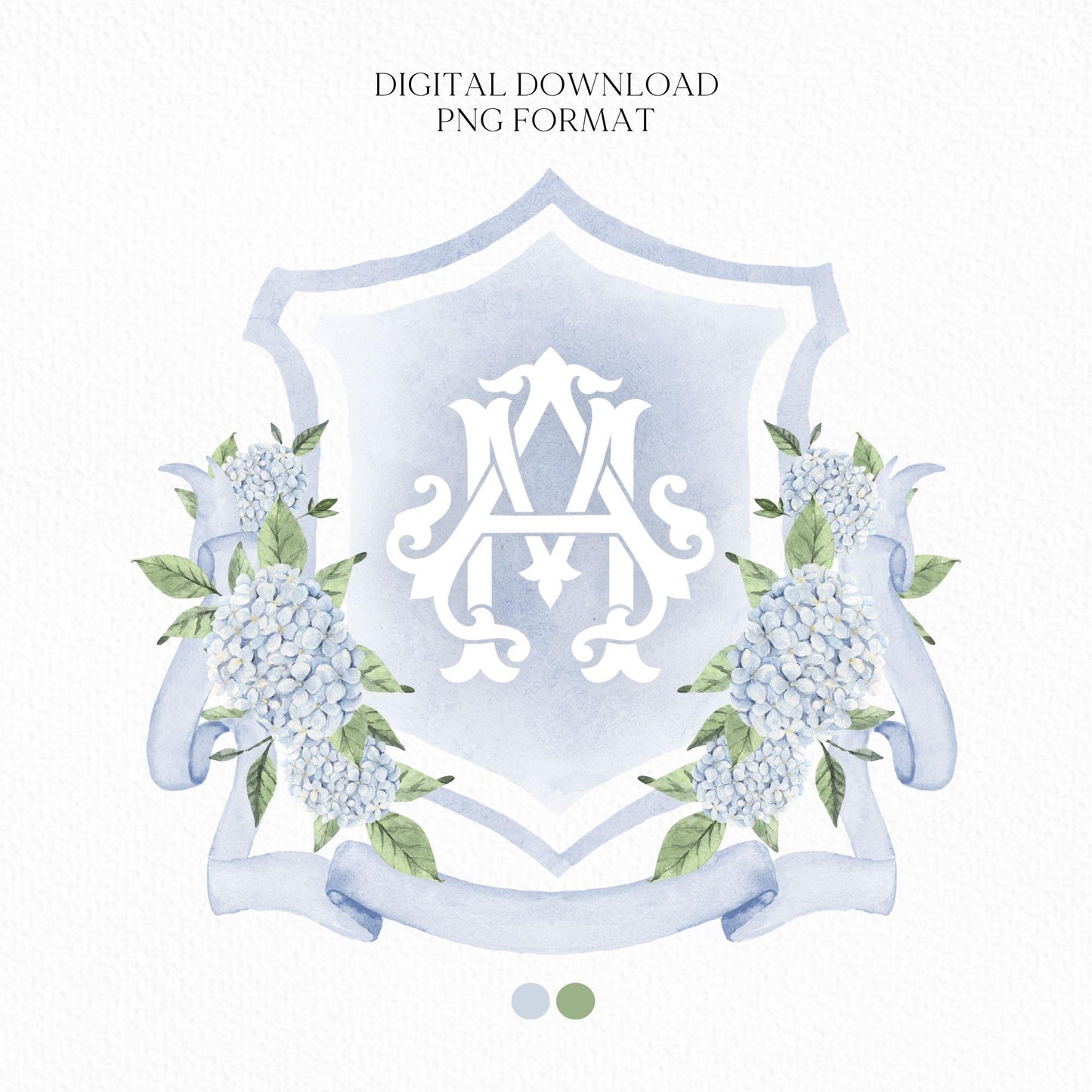 Dusty Blue Hydrangea Flower Wedding Crest - Monogram Crest - Hydrangea Floral Watercolor Wedding Crest - Romantic Wedding Crest - Hydrangea