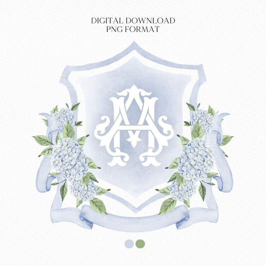 Dusty Blue Hydrangea Flower Wedding Crest - Monogram Crest - Hydrangea Floral Watercolor Wedding Crest - Romantic Wedding Crest - Hydrangea