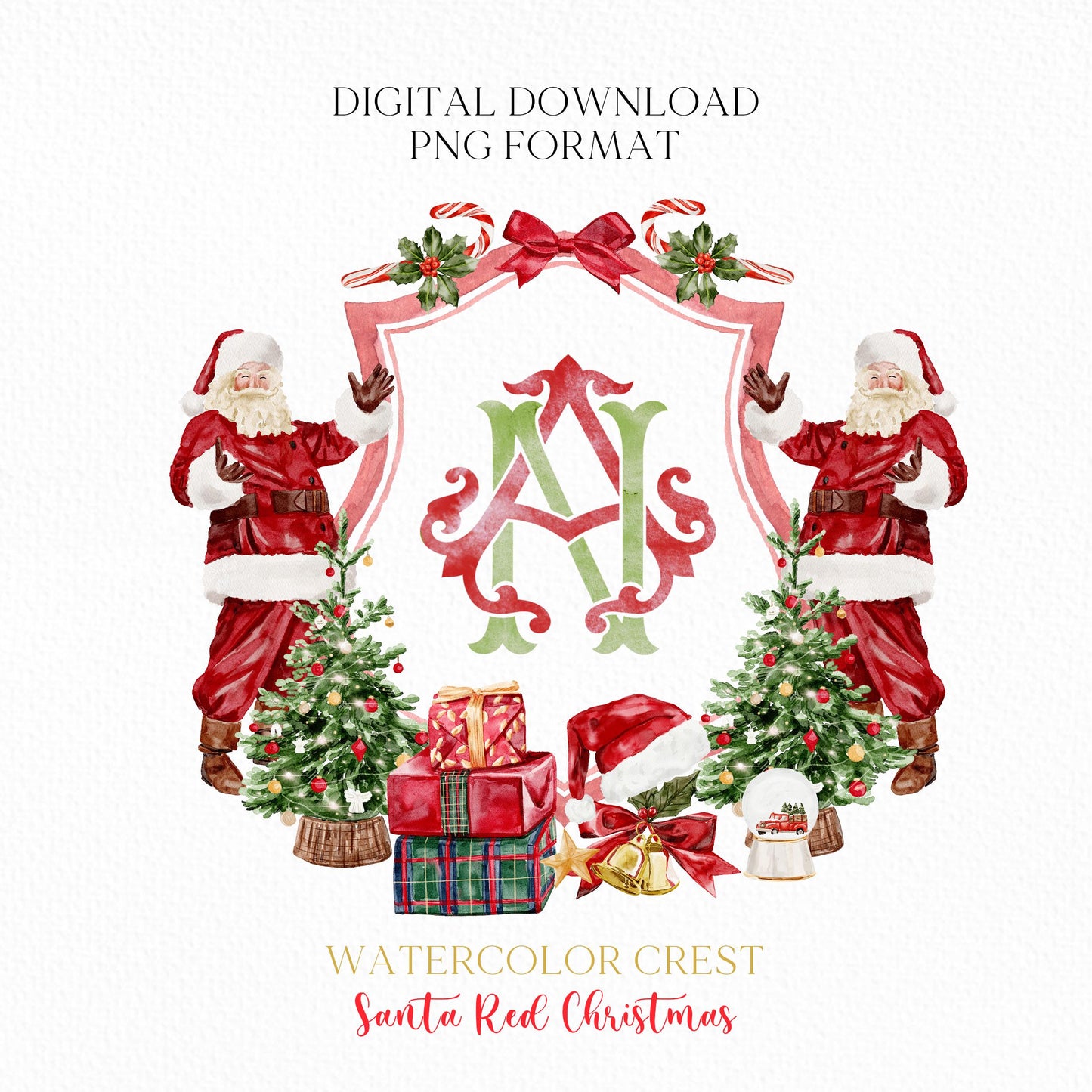 Santa Red Green Christmas Crest - Monogram Crest - Christmas Watercolor Crest DIY - Luxury Watercolor Wedding Crest - Santa Red Christmas