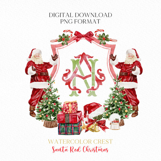 Santa Red Green Christmas Crest - Monogram Crest - Christmas Watercolor Crest DIY - Luxury Watercolor Wedding Crest - Santa Red Christmas