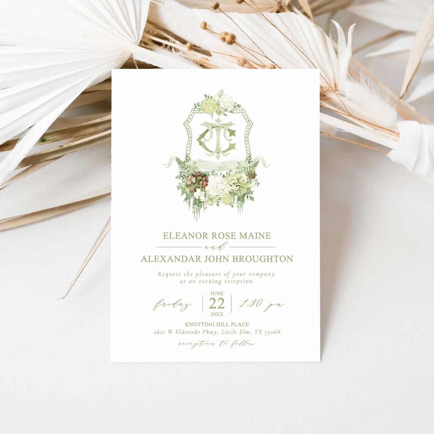 Hydrangea Macrophylla Green Flower Wedding Crest, Monogram Crest, Lush bright Greenery Floral Watercolor Wedding Crest, Hydrangea Crest