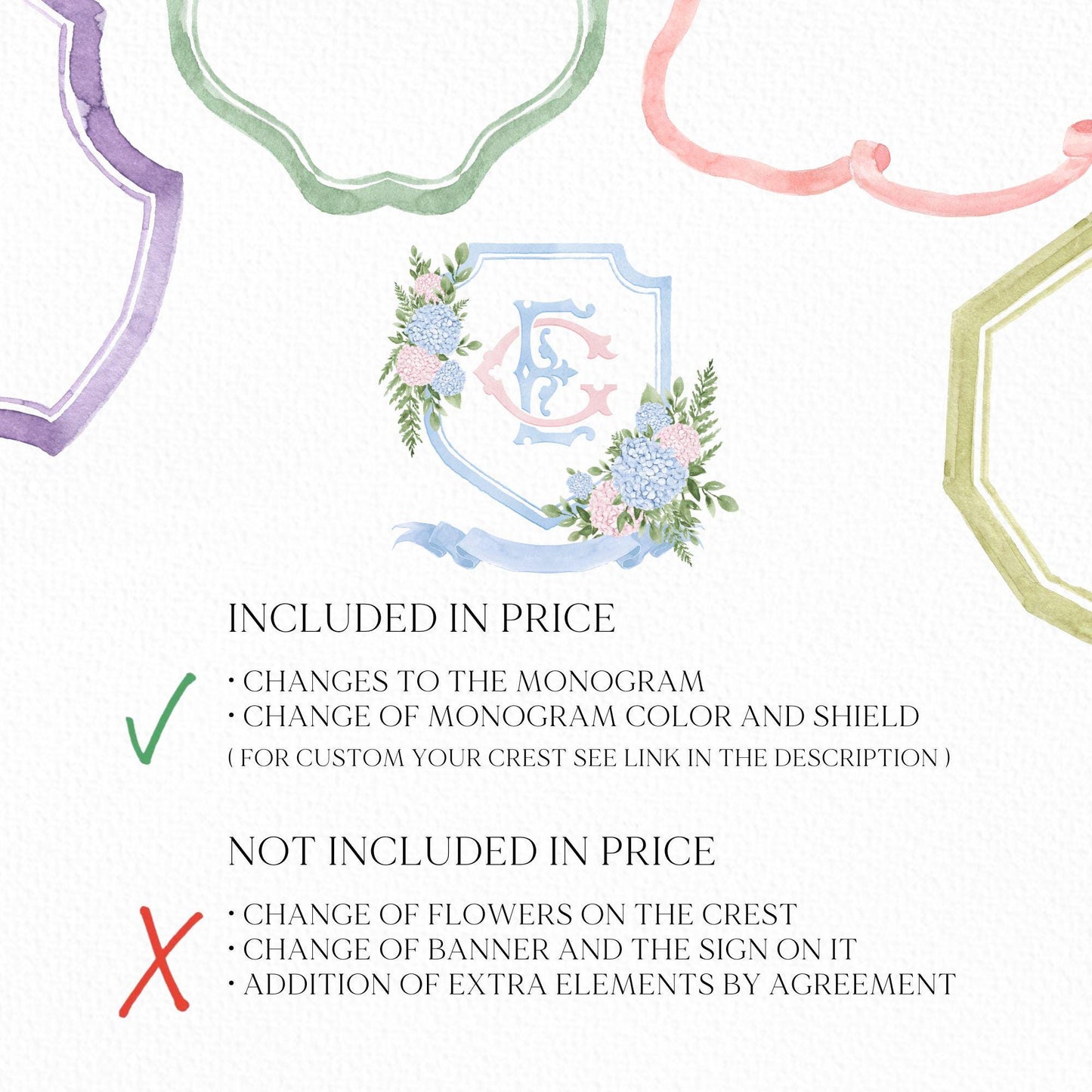 Blue Pink Hydrangea Flower Wedding Crest - Monogram Crest - Eucalyptus Greenery Hydrangea Floral Luxury Watercolor Wedding Crest