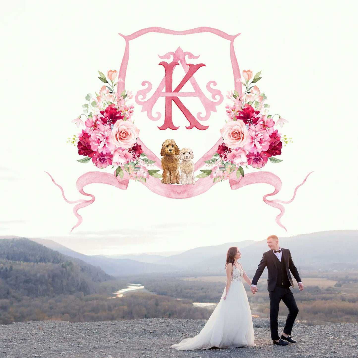 Hot Pink Flower Wedding Crest - Monogram Crest - blush pink Floral Luxury Watercolor Wedding Crest - Romantic Wedding Crest