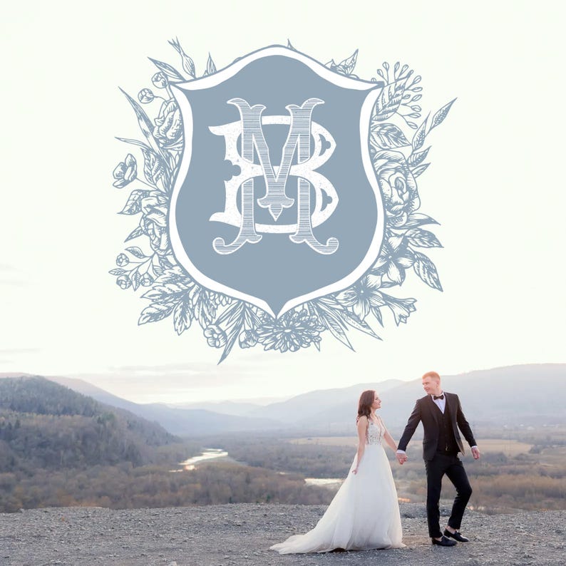 Vintage Blue Botanicals Wedding Crest - Monogram Crest