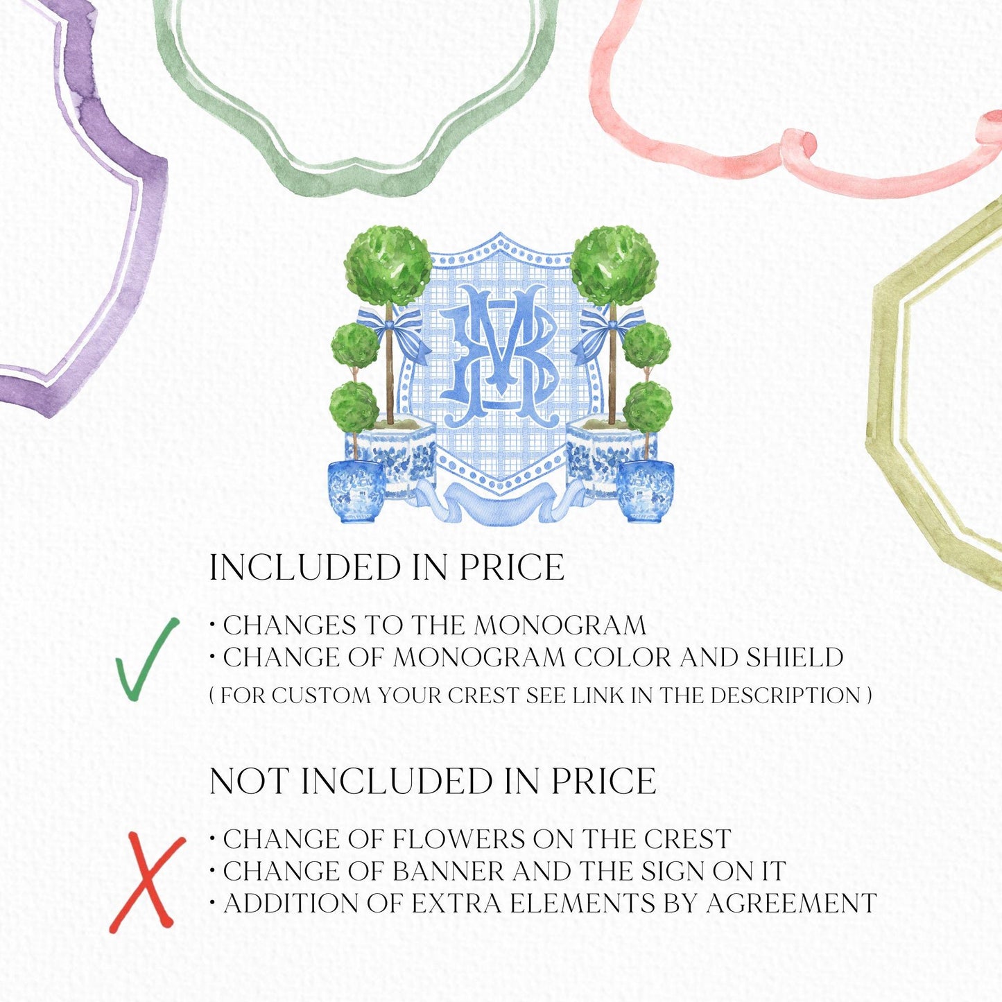 Chinoiserie Blue Topiary Wedding Crest - Monogram Crest - Chinoiserie Blue Watercolor Wedding Crest Romantic Wedding Crest