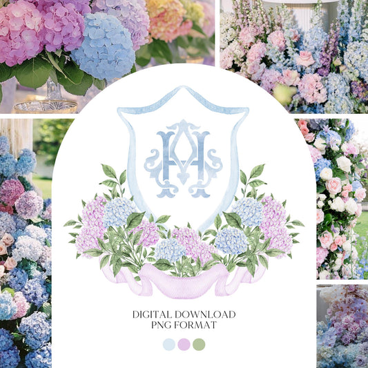 Hydrangea Light Blue Flower Wedding Crest - Monogram Crest - Purple Hydrangea White Floral Watercolor Wedding Crest Romantic Wedding Crest