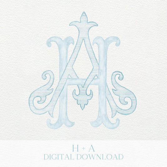 Watercolor Wedding Monogram AH – Classic HA Initial Crest (Digital Download)