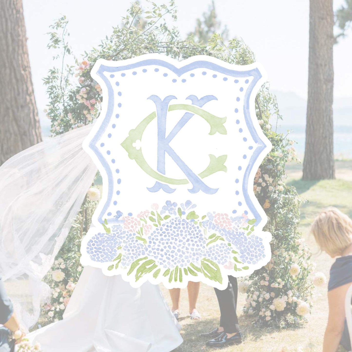 Pink Light Blue Hydrangea Flower Wedding Crest - Monogram Crest - Blue Hydrangea Floral Watercolor Wedding Crest - Romantic Wedding Crest
