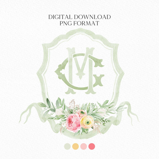 Watercolor Pink & Yellow Ranunculus Floral Watercolor Wedding Crest - Monogram Crest - Floral Watercolor Wedding Crest - Romantic Wedding