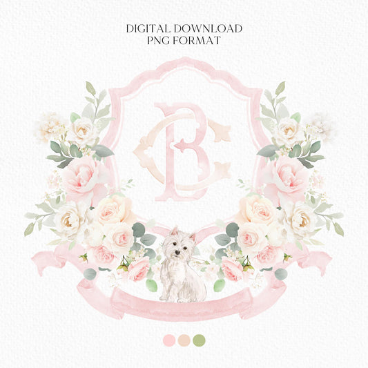 Blush Rose and Peony Greenery Flower Wedding Crest - Monogram Crest - Blush Peony Floral Watercolor Wedding Crest - Romantic Wedding Crest