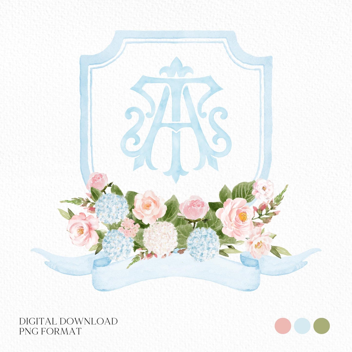 White Hydrangea Blush Pink Rose Flower Wedding Crest - Monogram Crest - Light Blue Hydrangea Floral Luxury Watercolor Wedding Crest