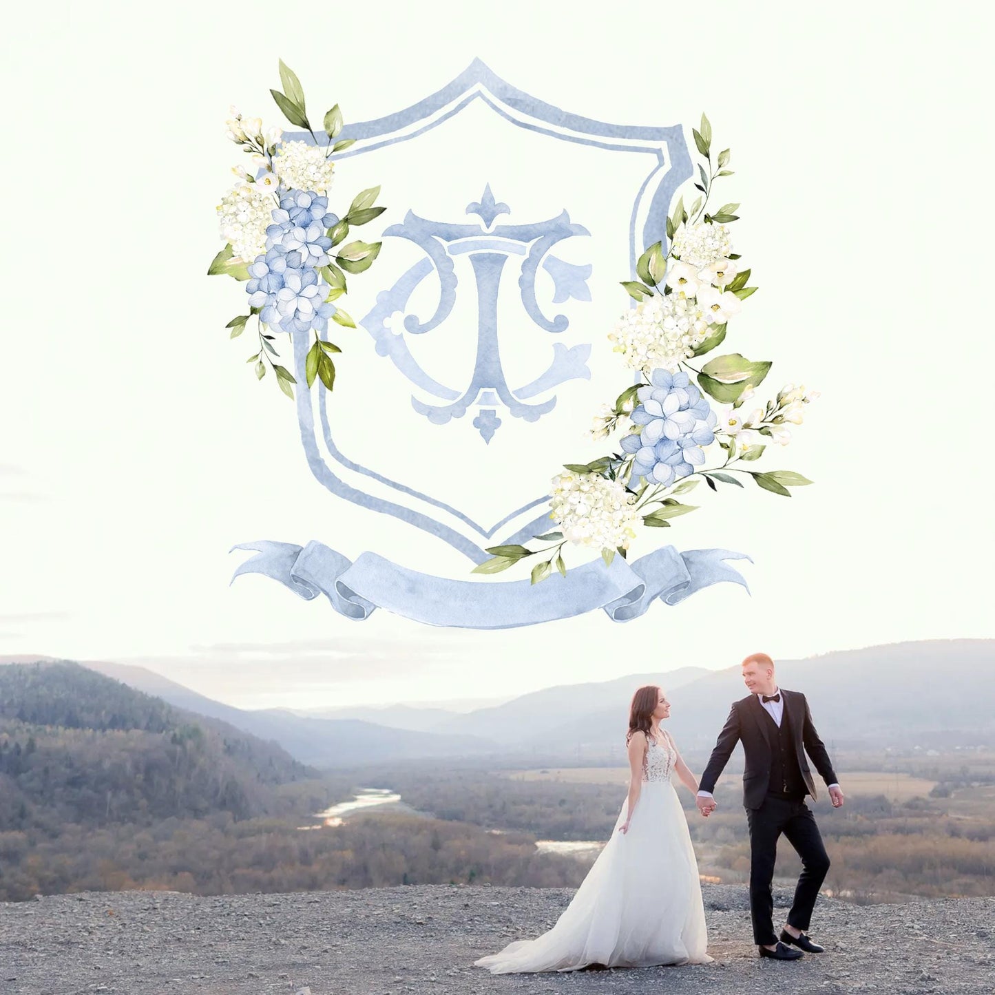 Hydrangea Flower Wedding Crest - Monogram Crest - Hydrangea Floral Luxury Watercolor Wedding Crest - Romantic Wedding Crest- Boho Hydrangea