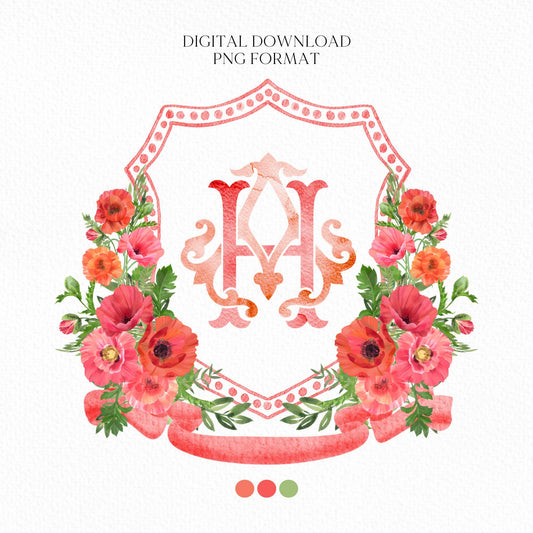 Poppy Bouquet Flower Wedding Crest - Monogram Crest - Spring Floral Floral Luxury Watercolor Wedding Crest - Romantic Wedding Crest
